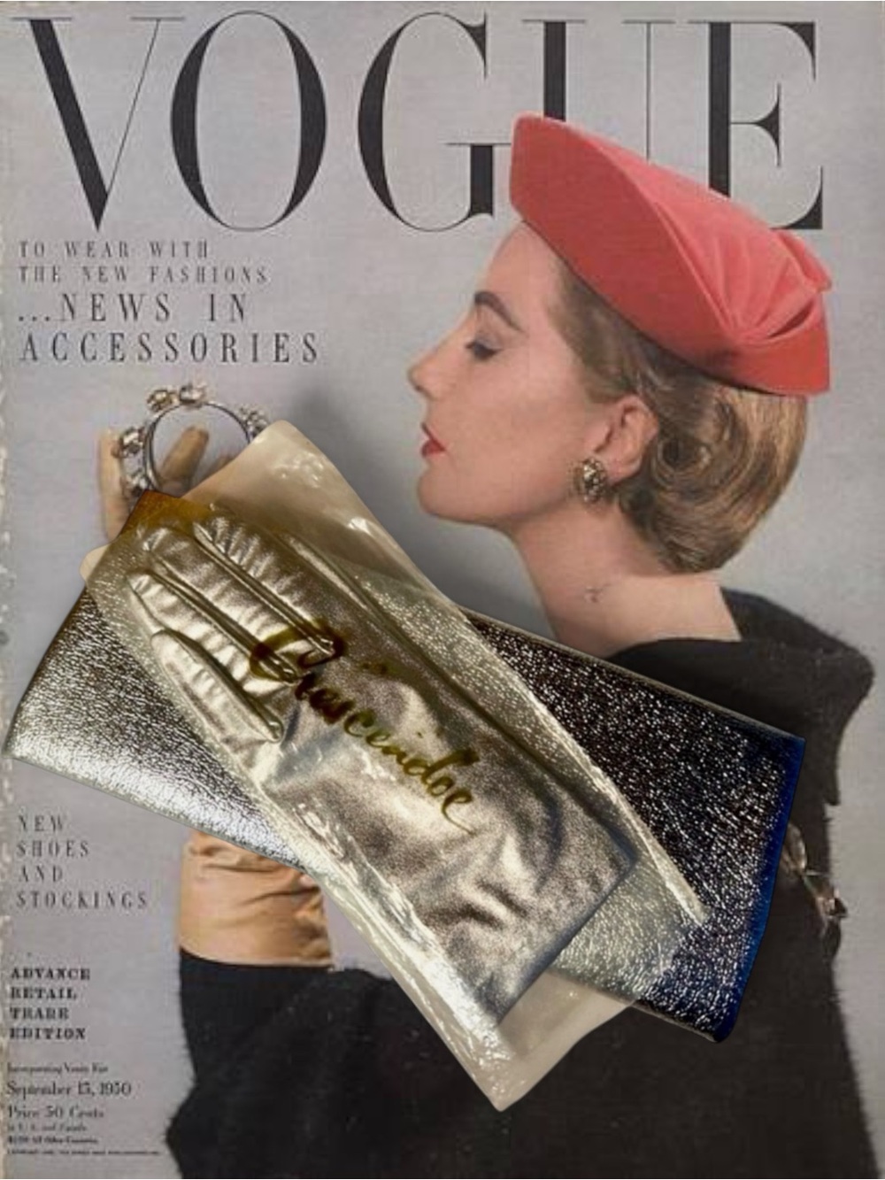 VTG 1950s Silver clutch with new matching Crescendoe gloves.